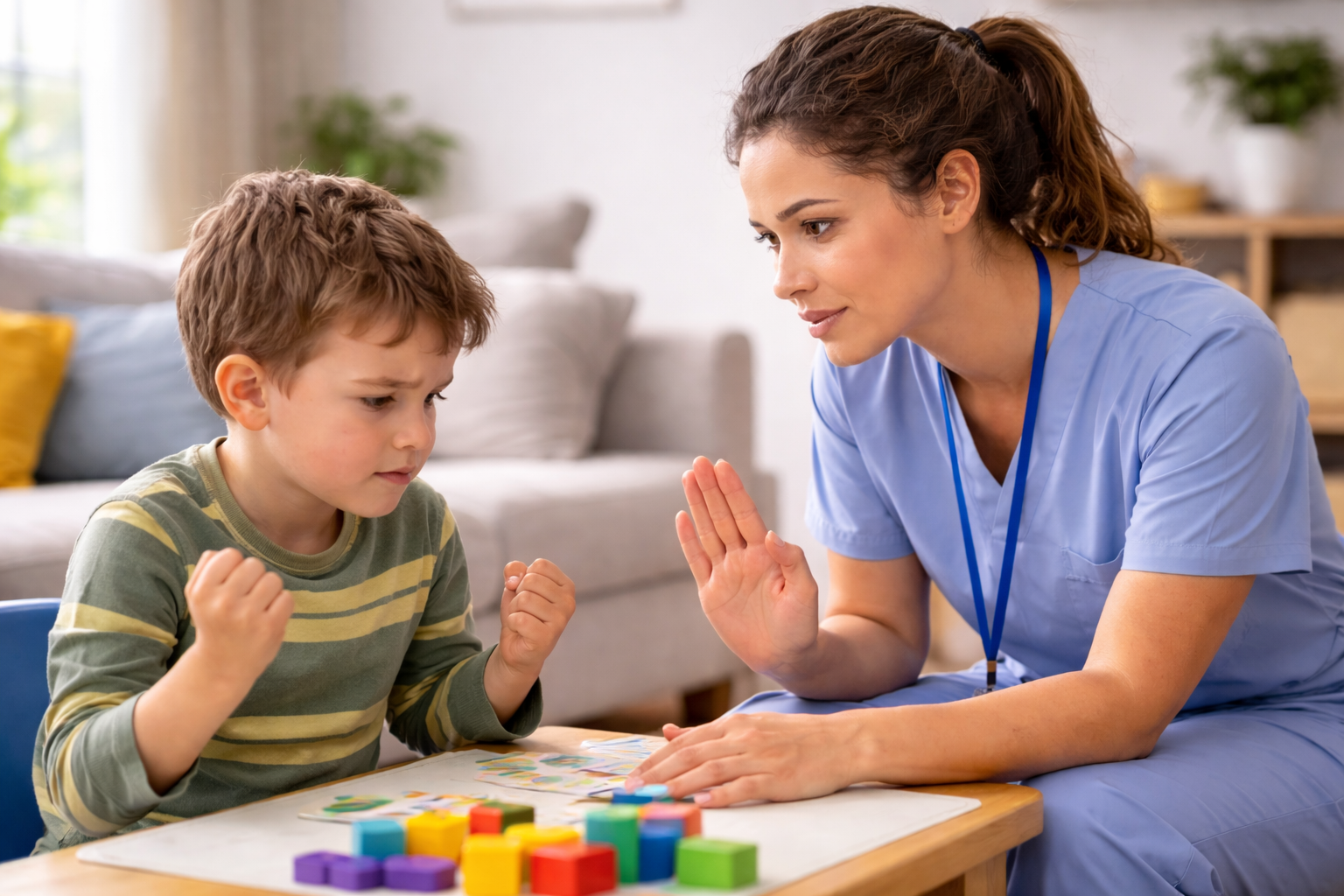 Caregiver using calm de-escalation techniques with a child during a pediatric homecare session