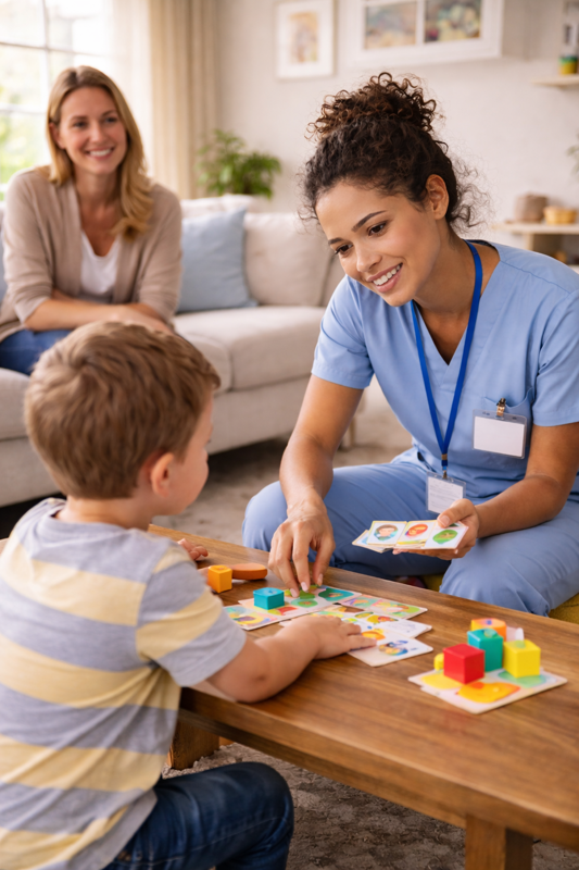 Caregiver playing with a child while parent watches during a pediatric homecare session