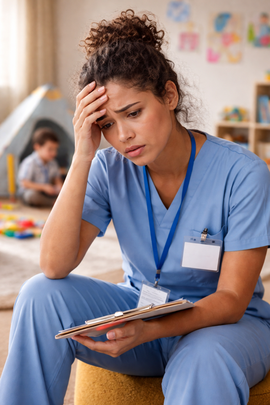 Overwhelmed caregiver reviewing notes in a pediatric homecare setting